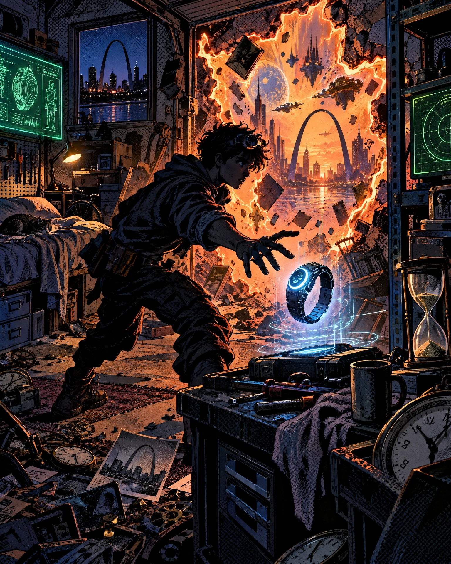 Concept art of Xebb’s garage erupting with orange portal light