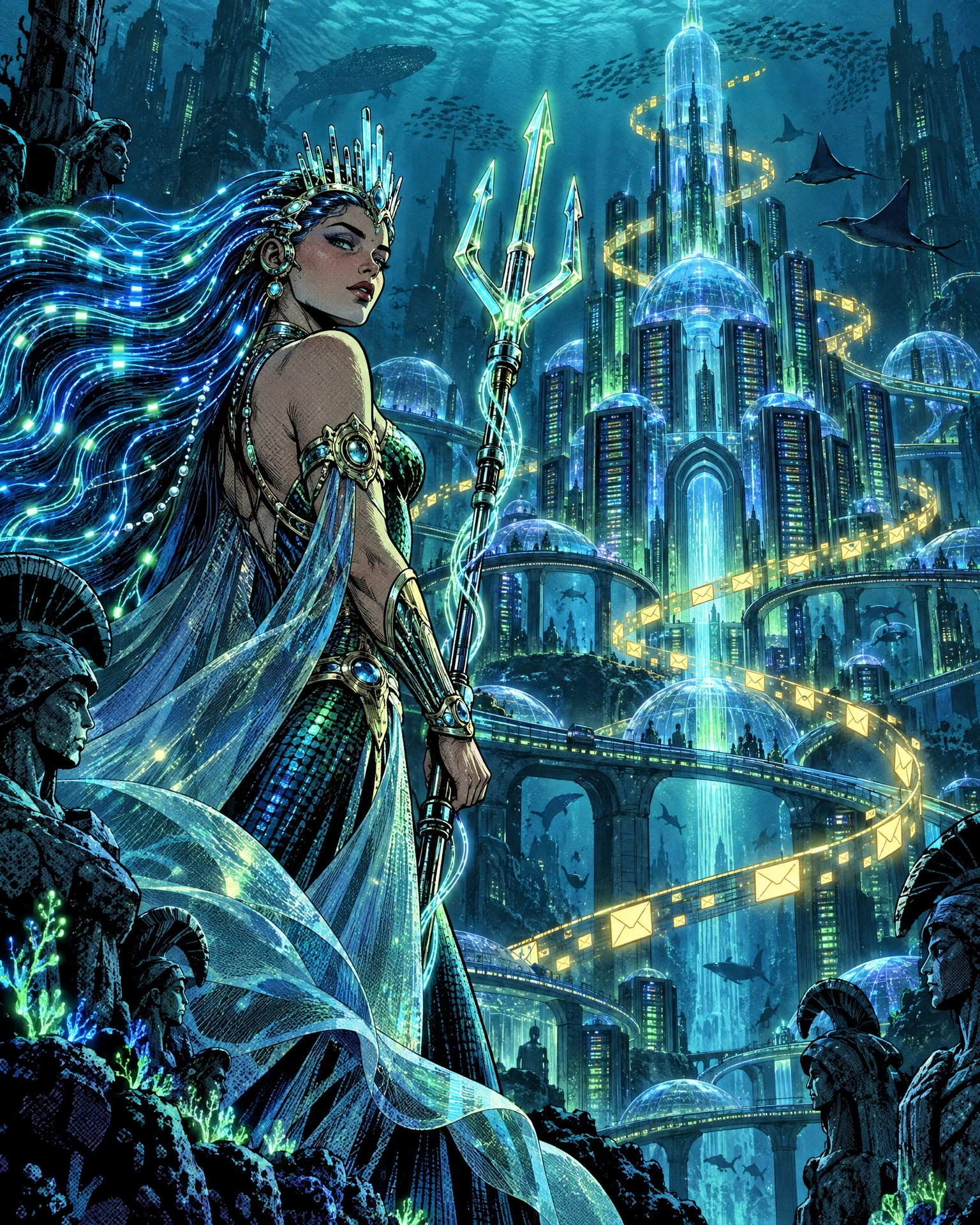 Concept art of the underwater AOL Atlantis city