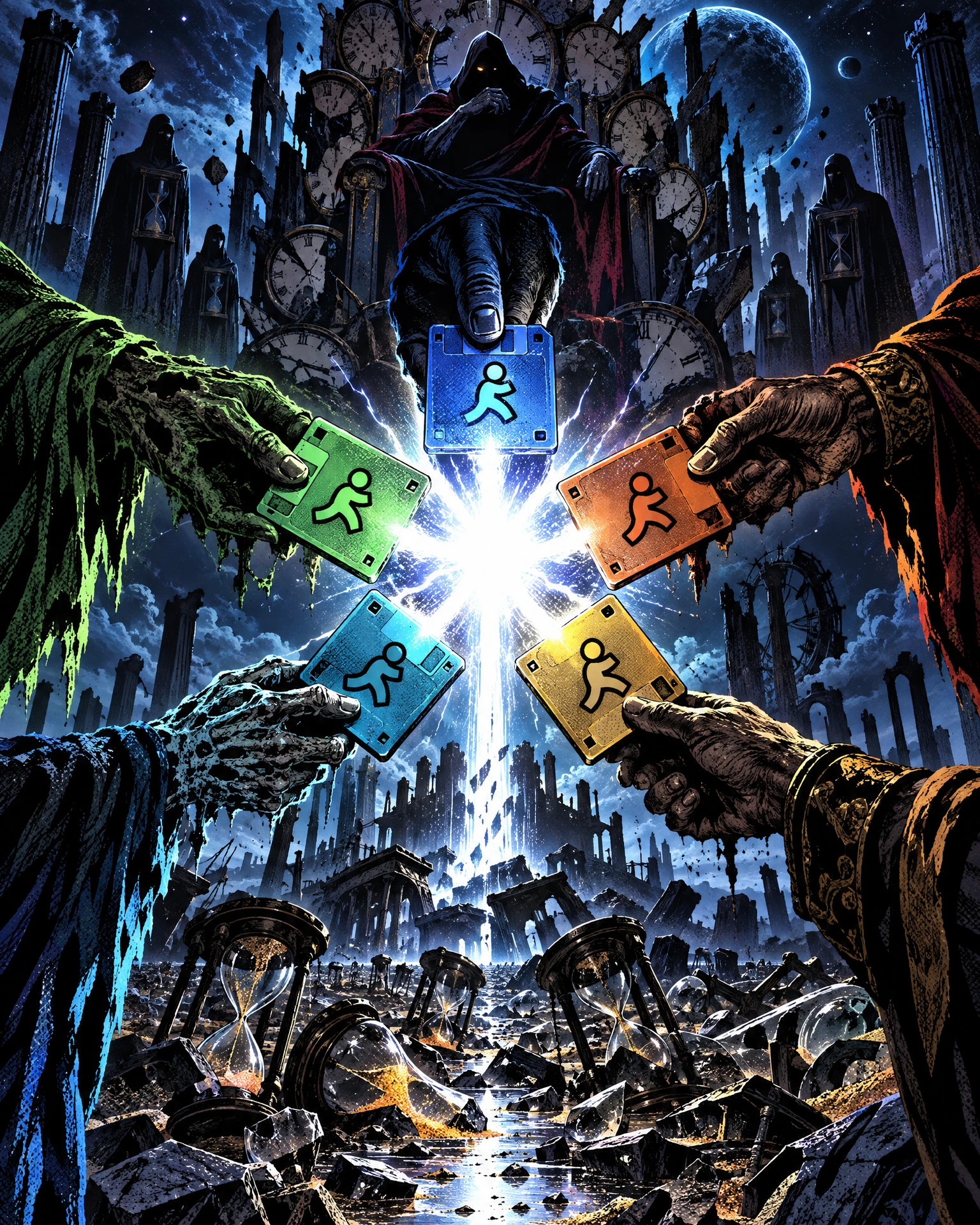 Concept art of five keys clicking together above erased timelines