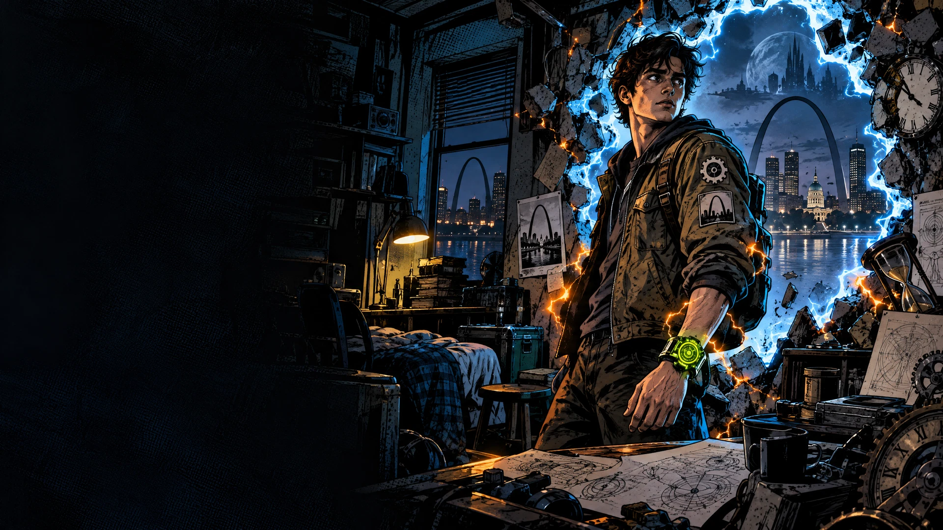 Xebb in a garage apartment facing a neon-blue time portal